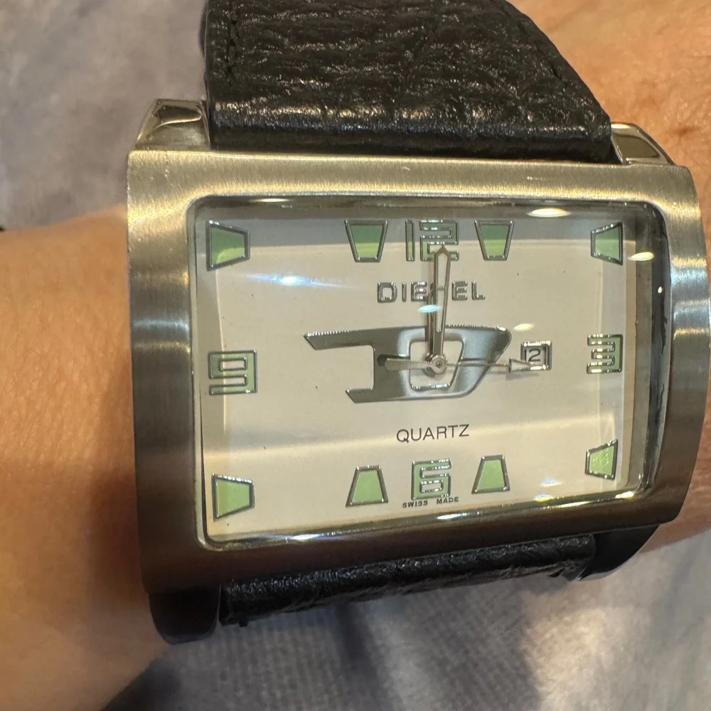 Vintage Diesel Men's Rectangular Wide Silver Case Watch‎ with Black Strap
